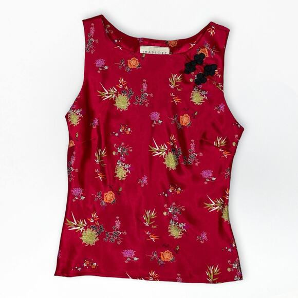 Vintage 90s Charlotte Russe Red Satin Floral Top Mandarin Collar - Picture 2 of 7